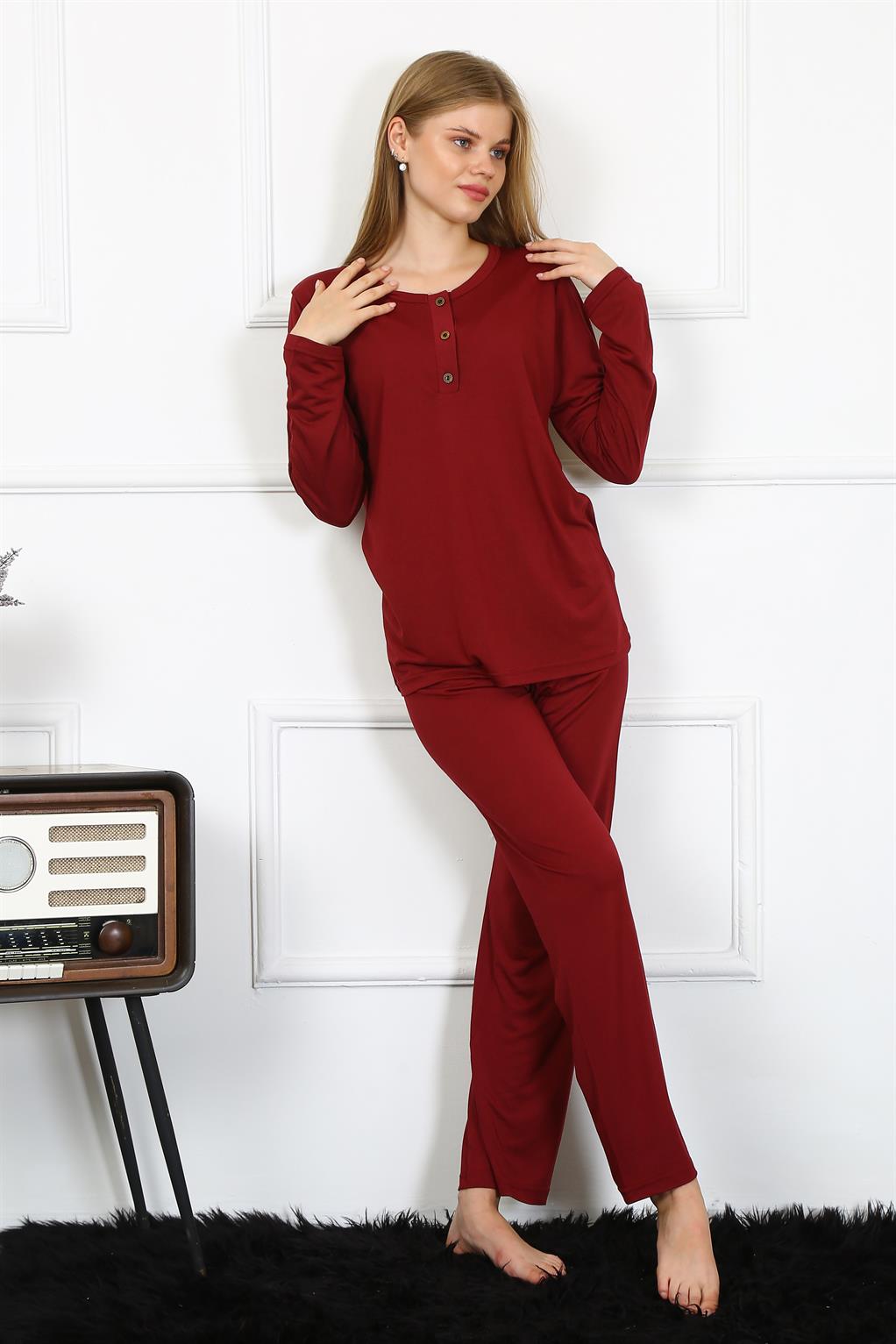 Moda Çizgi Kadın Penye Uzun Kol Patlı Pijama Takım 4170 - 2XL | Bordo