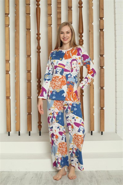Moda Çizgi Kadın Penye Uzun Kol Pijama Takım 4145 - Thumbnail