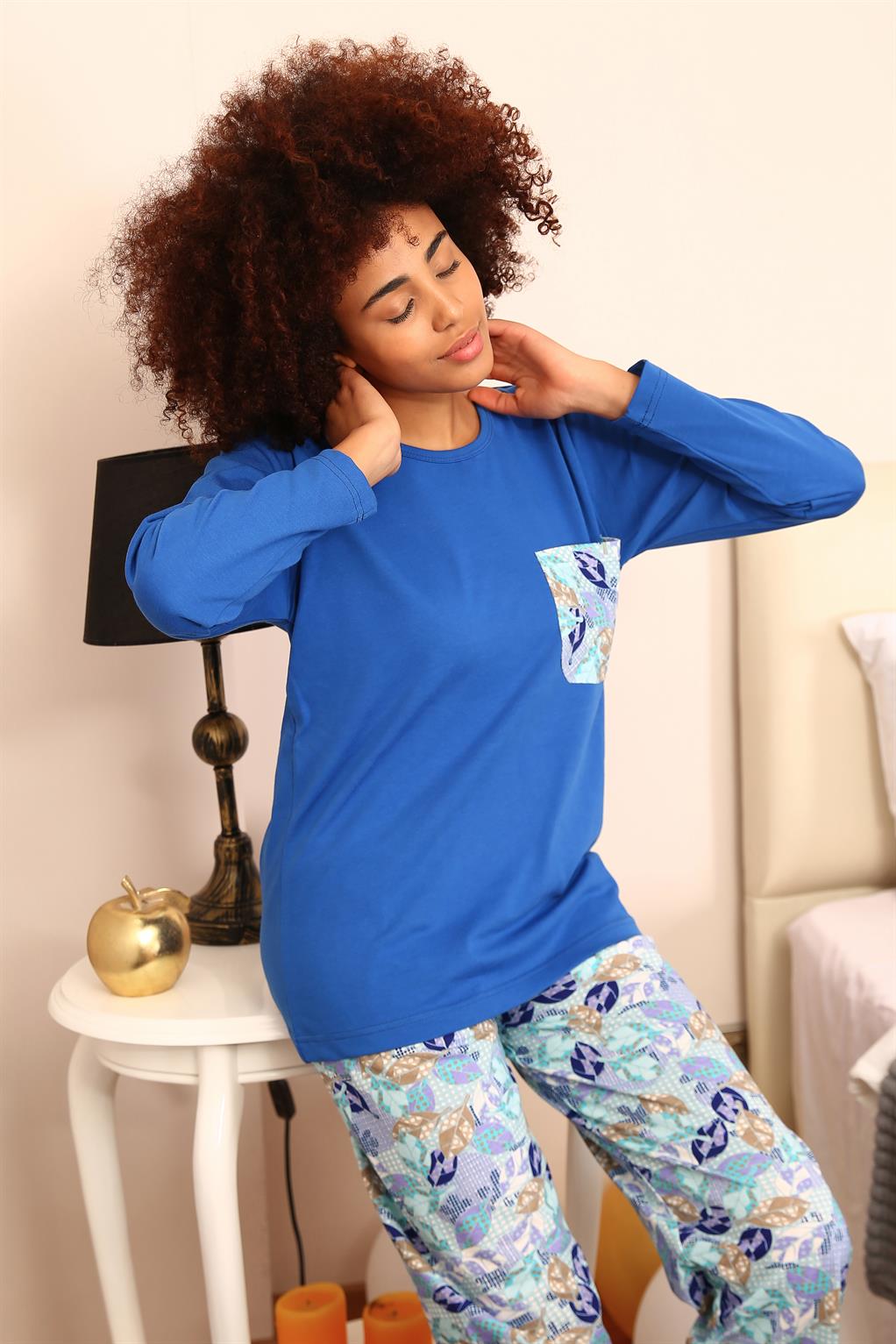Moda Çizgi Kadın Uzun Kol Penye Pijama Takım 4194 Saks