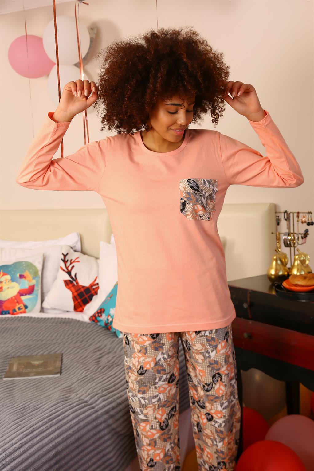 Moda Çizgi Kadın Uzun Kol Penye Pijama Takım 4196 Yavruağzı