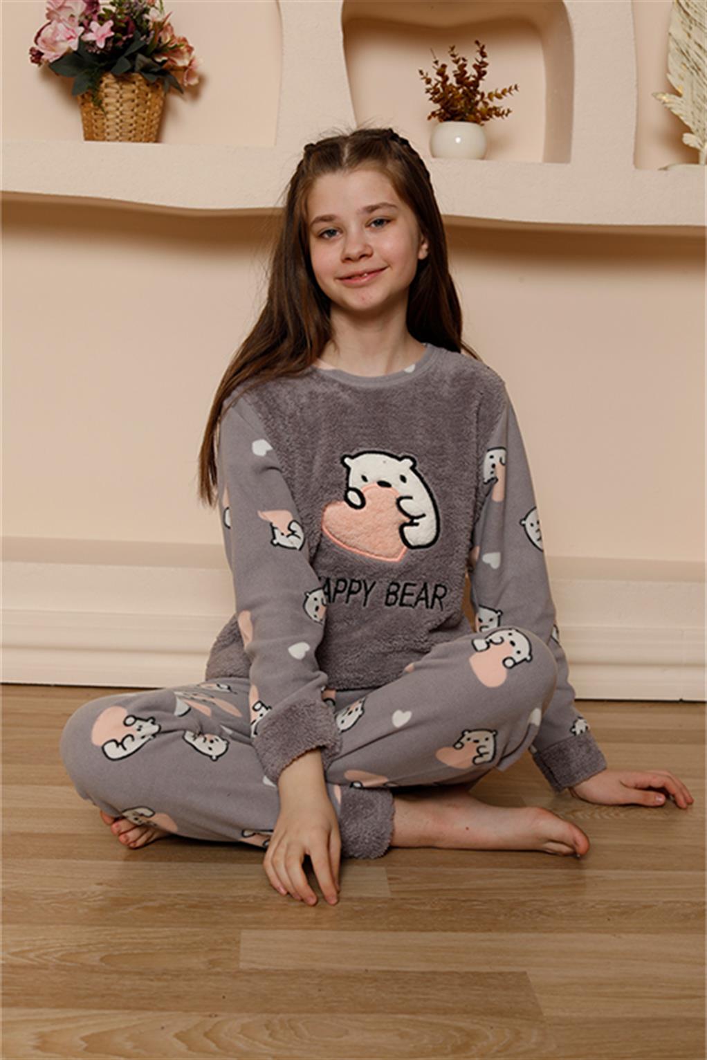 Moda Çizgi Kız Çocuk WelSoft Polar Gri Pijama Takımı 20523 - 12 | Gri