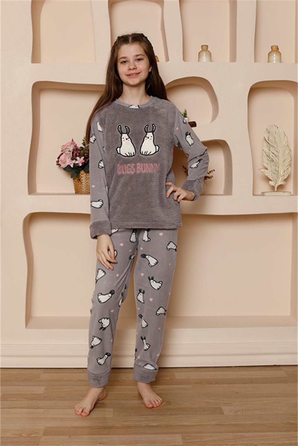Moda Çizgi Kız Çocuk WelSoft Polar Gri Pijama Takımı 20524 - 12 | Gri