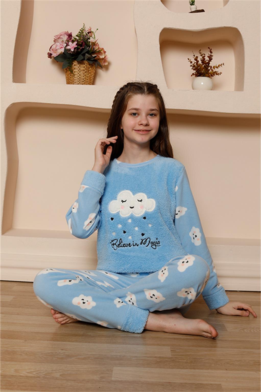 Moda Çizgi Kız Çocuk WelSoft Polar Mavi Pijama Takımı 20527 - 12 | Mavi