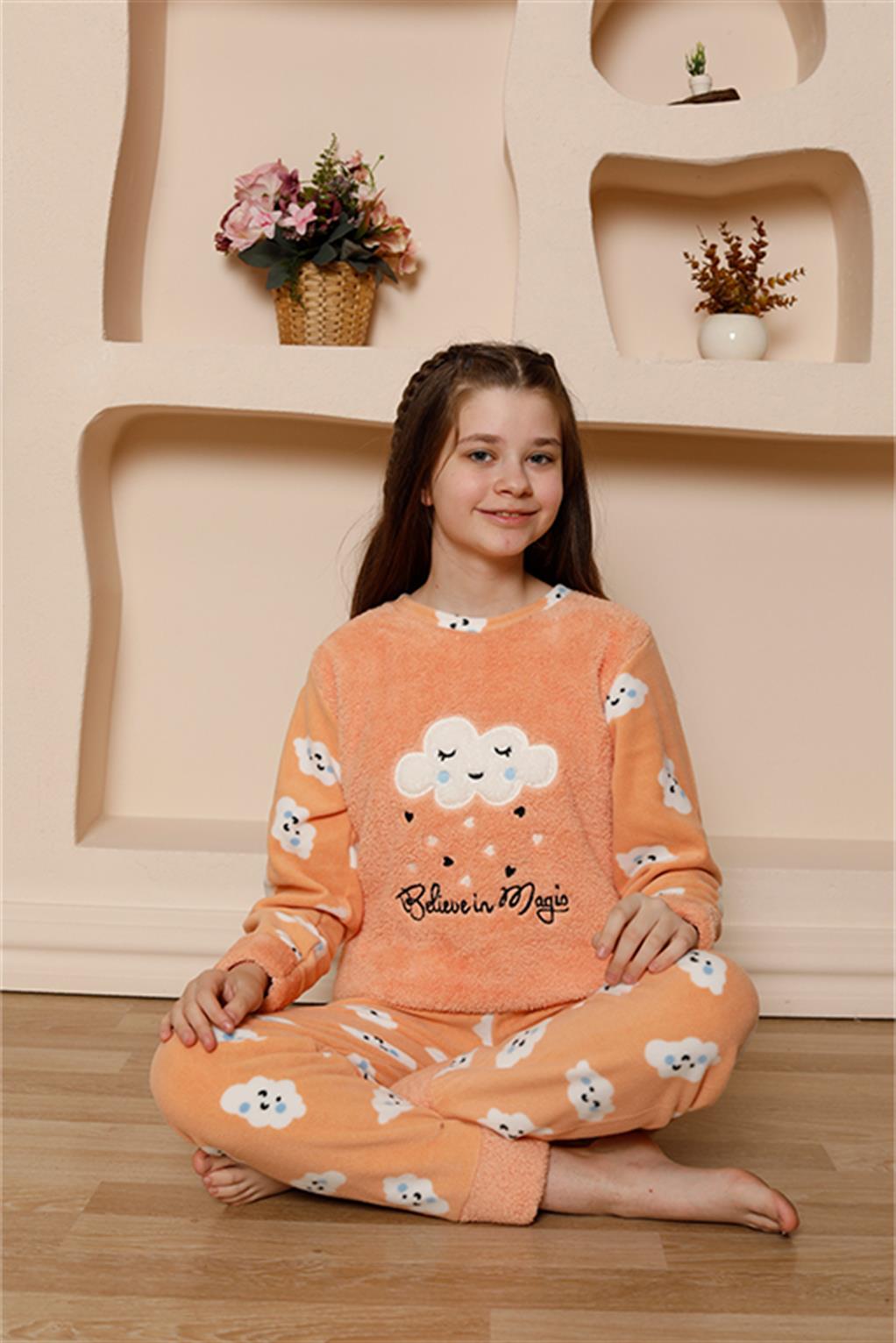 Moda Çizgi Kız Çocuk WelSoft Polar Turuncu Pijama Takımı 20527 - 8 | Turuncu