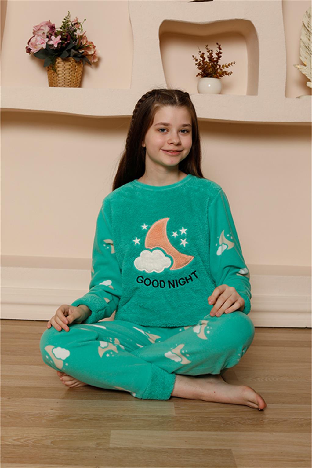 Moda Çizgi Kız Çocuk WelSoft Polar Yeşil Pijama Takımı 20526 - 12 | Yeşil