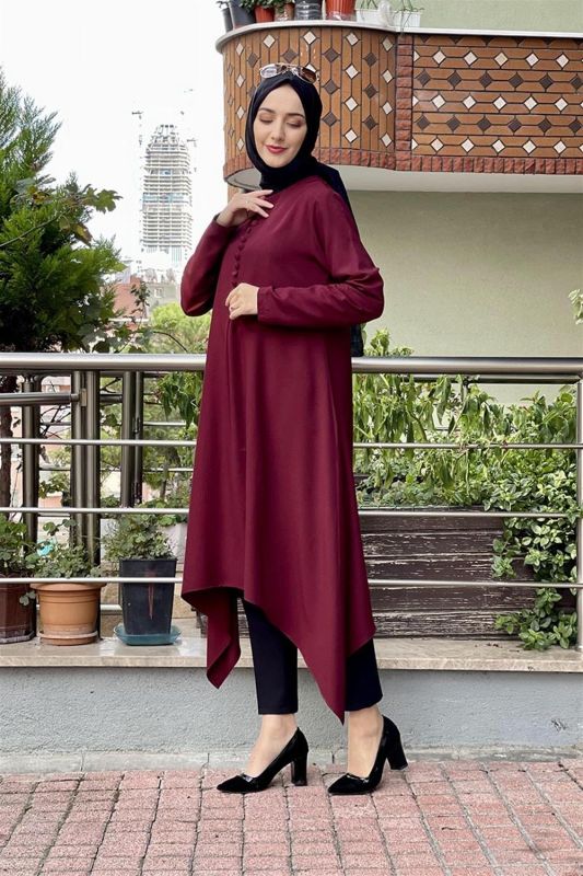 Aksesuar Düğmeli Tesettür Tunik BORDO - 1