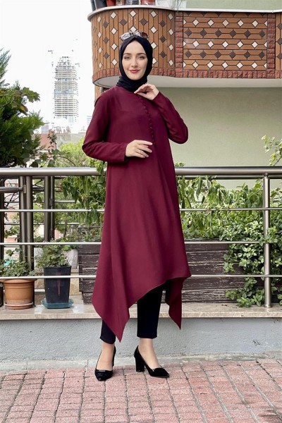 Aksesuar Düğmeli Tesettür Tunik BORDO - Thumbnail