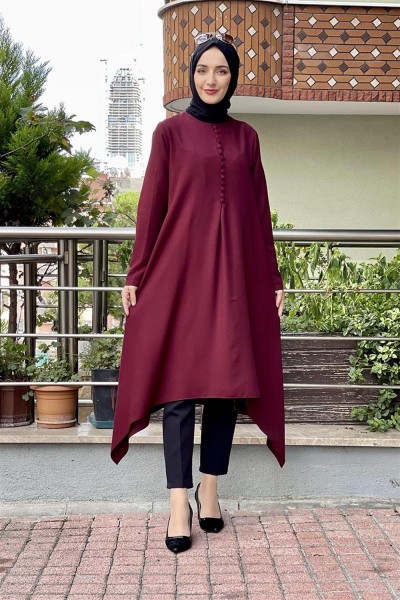 Aksesuar Düğmeli Tesettür Tunik BORDO - Thumbnail