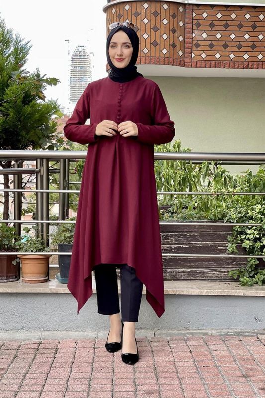 Aksesuar Düğmeli Tesettür Tunik BORDO - 4