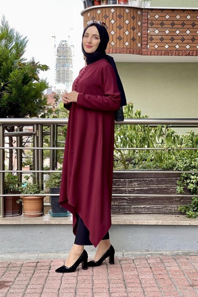 Aksesuar Düğmeli Tesettür Tunik BORDO - Thumbnail