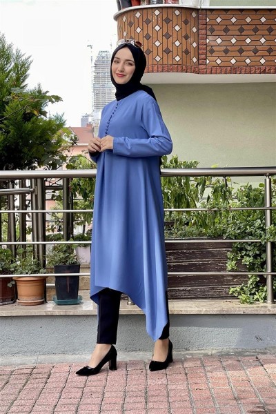 Aksesuar Düğmeli Tesettür Tunik İNDİGO - Thumbnail