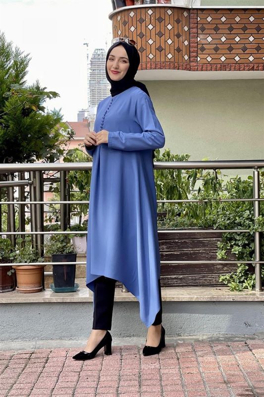 Aksesuar Düğmeli Tesettür Tunik İNDİGO - 2