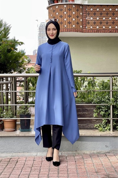 Aksesuar Düğmeli Tesettür Tunik İNDİGO - Thumbnail