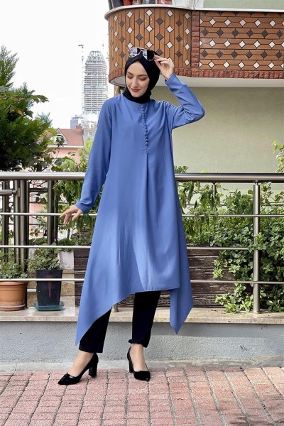 Aksesuar Düğmeli Tesettür Tunik İNDİGO - Thumbnail