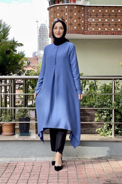 Aksesuar Düğmeli Tesettür Tunik İNDİGO - Thumbnail