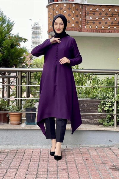 Aksesuar Düğmeli Tesettür Tunik MÜRDÜM - Thumbnail