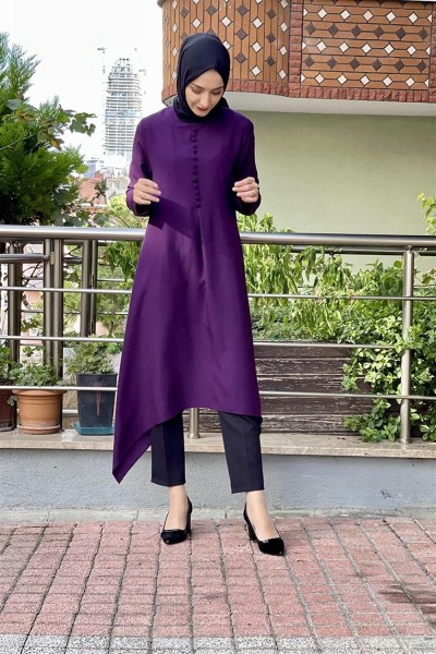 Aksesuar Düğmeli Tesettür Tunik MÜRDÜM - Thumbnail