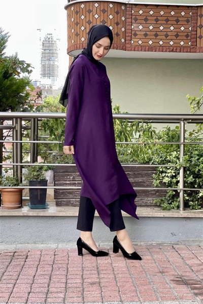 Aksesuar Düğmeli Tesettür Tunik MÜRDÜM - Thumbnail