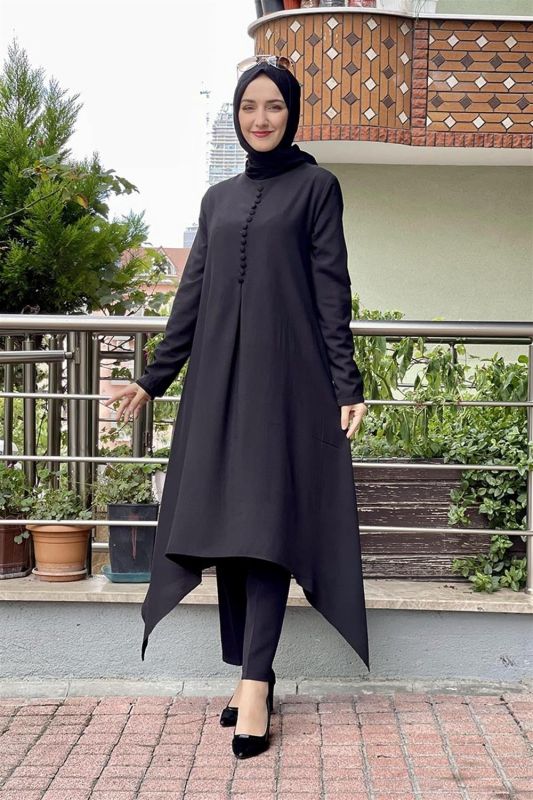 Aksesuar Düğmeli Tesettür Tunik SİYAH - 1