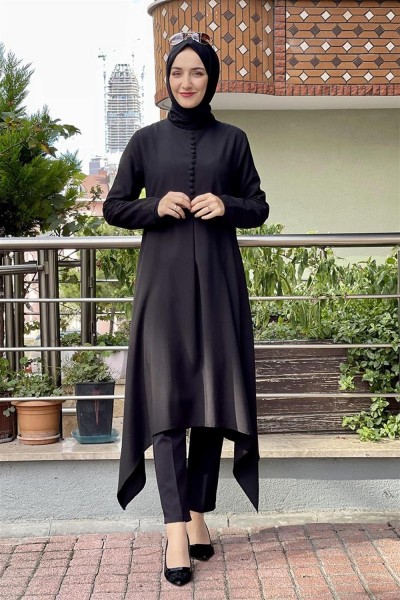Aksesuar Düğmeli Tesettür Tunik SİYAH - Thumbnail