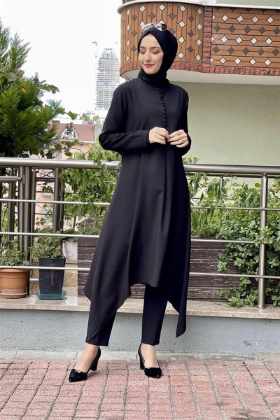 Aksesuar Düğmeli Tesettür Tunik SİYAH - Thumbnail