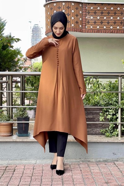 Aksesuar Düğmeli Tesettür Tunik TABA - Thumbnail