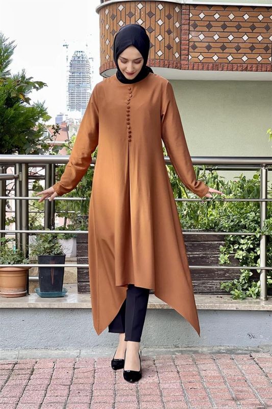 Aksesuar Düğmeli Tesettür Tunik TABA - 3