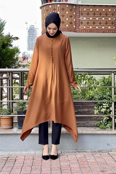 Aksesuar Düğmeli Tesettür Tunik TABA - Thumbnail