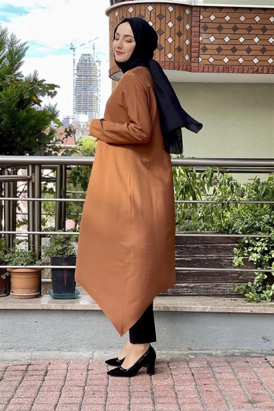 Aksesuar Düğmeli Tesettür Tunik TABA - Thumbnail