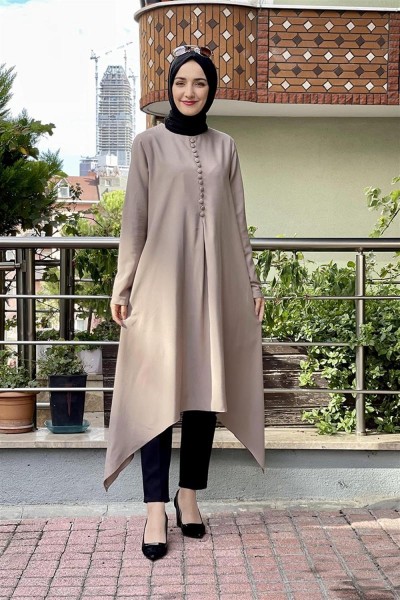 Aksesuar Düğmeli Tesettür Tunik VİZON - Thumbnail