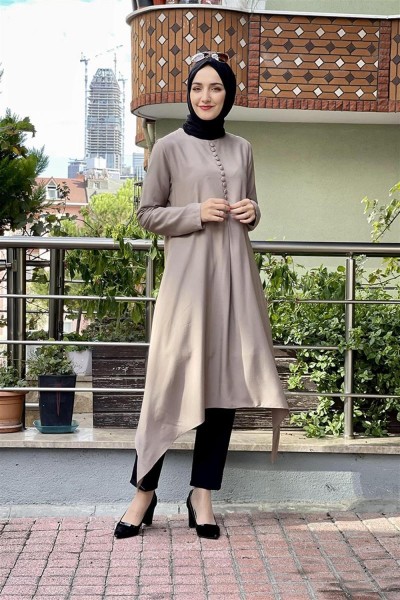 Aksesuar Düğmeli Tesettür Tunik VİZON - Thumbnail