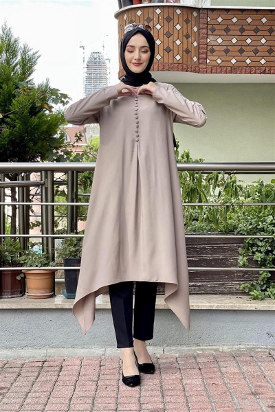 Aksesuar Düğmeli Tesettür Tunik VİZON - Thumbnail