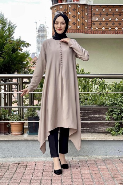 Aksesuar Düğmeli Tesettür Tunik VİZON - Thumbnail