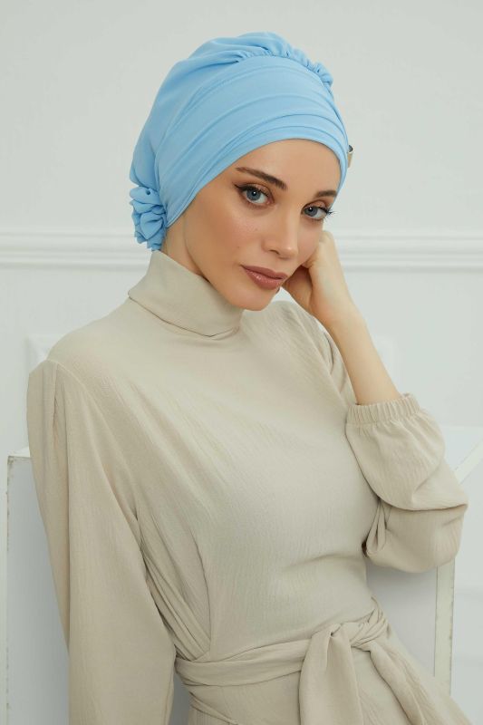Aksesuarlı Şifon Hazır Türban,HT-95S,HT-95S Bebe Mavisi - 4
