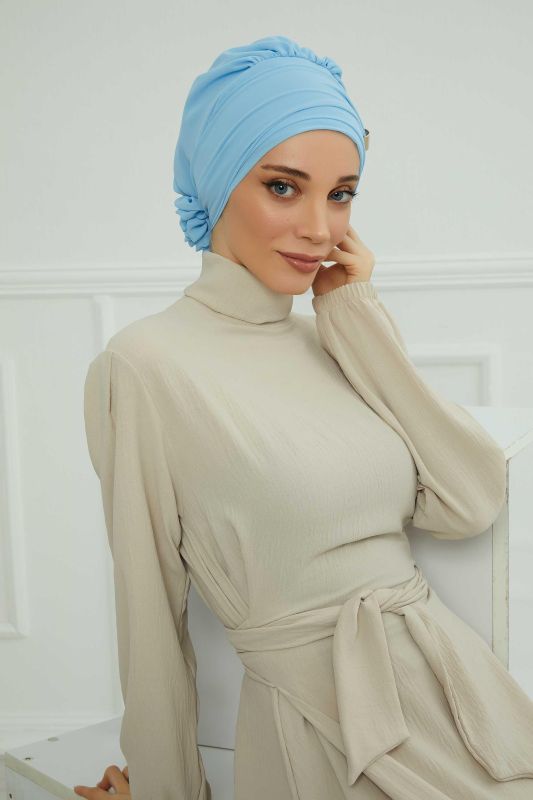 Aksesuarlı Şifon Hazır Türban,HT-95S,HT-95S Bebe Mavisi - 5