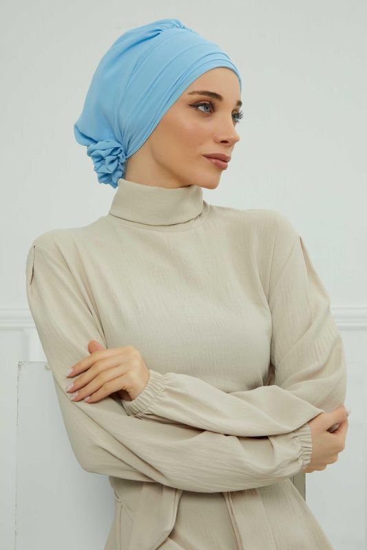Aksesuarlı Şifon Hazır Türban,HT-95S,HT-95S Bebe Mavisi - 6