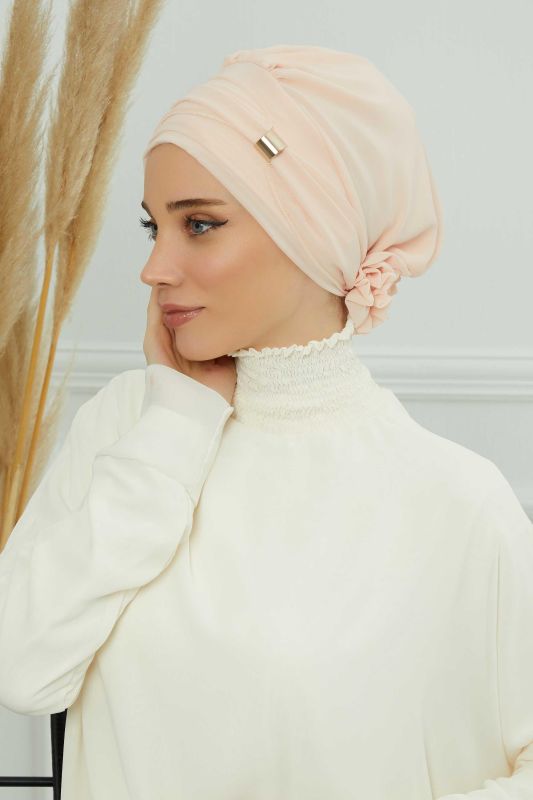Aksesuarlı Şifon Hazır Türban,HT-95S,HT-95S Bej - 1
