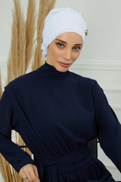 Moda Çizgi - Chiffon Ready-made Scarf with Accessories,HT-95S,HT-95S White
