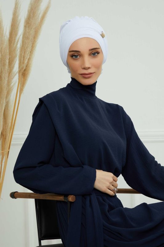 Aksesuarlı Şifon Hazır Türban,HT-95S,HT-95S Beyaz - 5