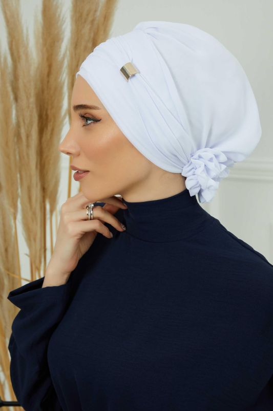 Aksesuarlı Şifon Hazır Türban,HT-95S,HT-95S Beyaz - 7