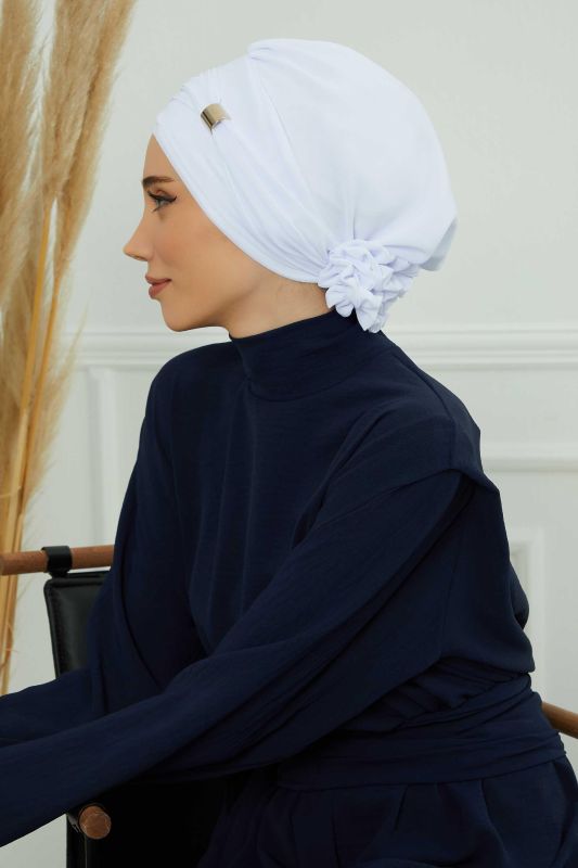 Aksesuarlı Şifon Hazır Türban,HT-95S,HT-95S Beyaz - 8