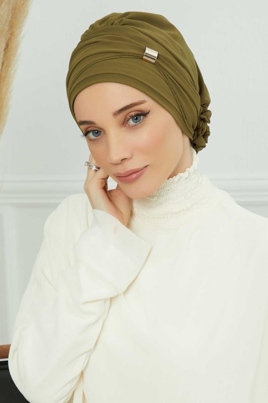 Aksesuarlı Şifon Hazır Türban,HT-95S,HT-95S Haki Yeşili - 1