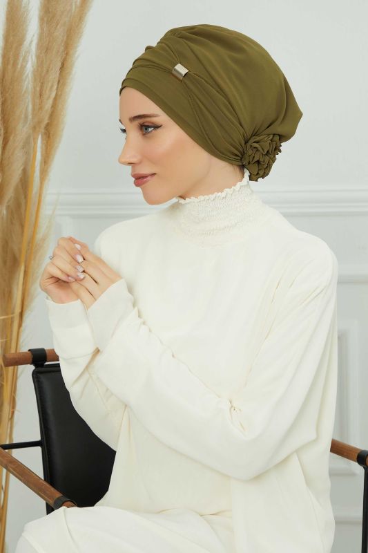 Aksesuarlı Şifon Hazır Türban,HT-95S,HT-95S Haki Yeşili - 2
