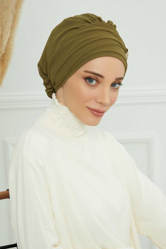 Aksesuarlı Şifon Hazır Türban,HT-95S,HT-95S Haki Yeşili - 3