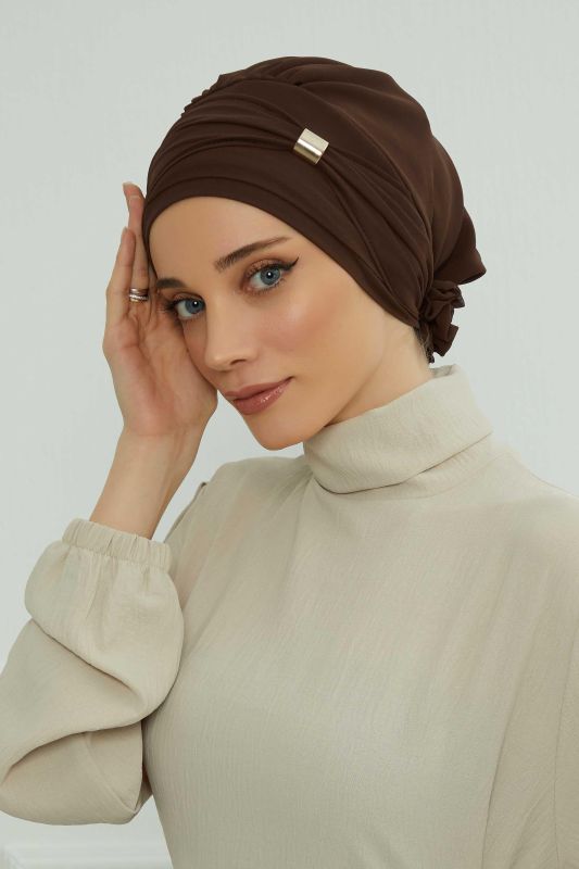 Aksesuarlı Şifon Hazır Türban,HT-95S,HT-95S Kahverengi - 1