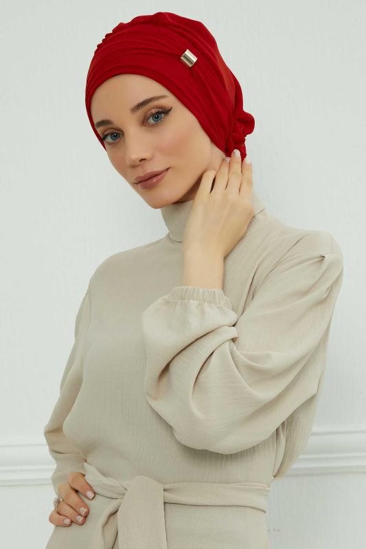 Aksesuarlı Şifon Hazır Türban,HT-95S,HT-95S Kırmızı - 1