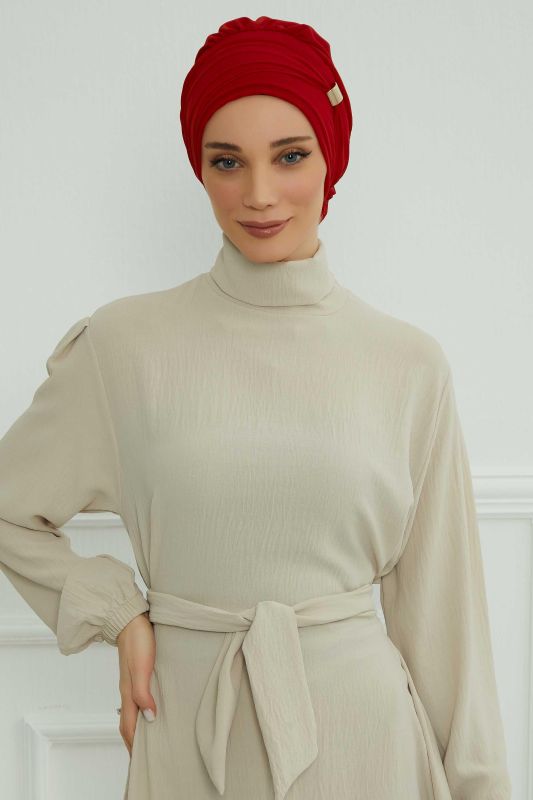 Aksesuarlı Şifon Hazır Türban,HT-95S,HT-95S Kırmızı - 2