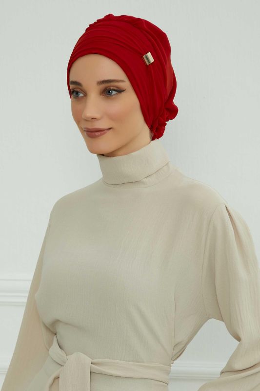 Aksesuarlı Şifon Hazır Türban,HT-95S,HT-95S Kırmızı - 6