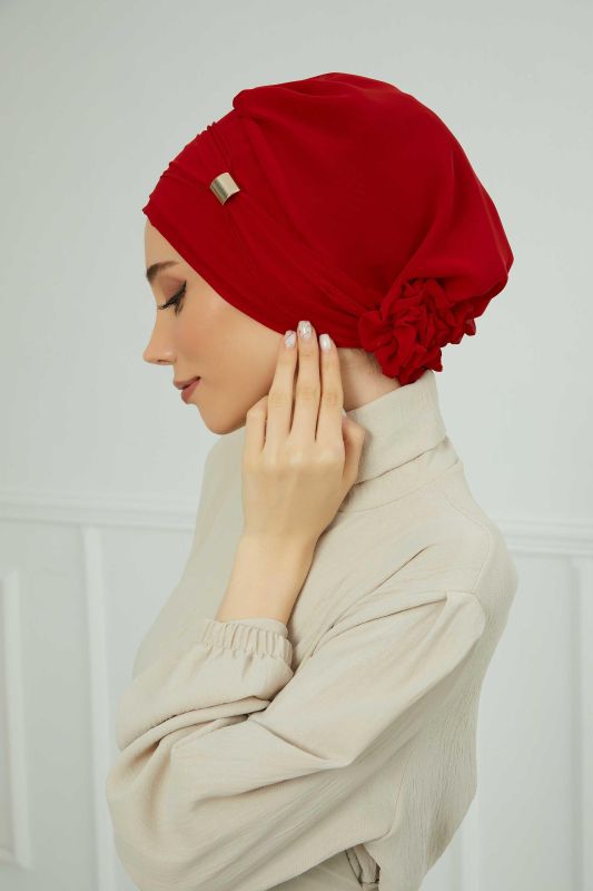 Aksesuarlı Şifon Hazır Türban,HT-95S,HT-95S Kırmızı - 7