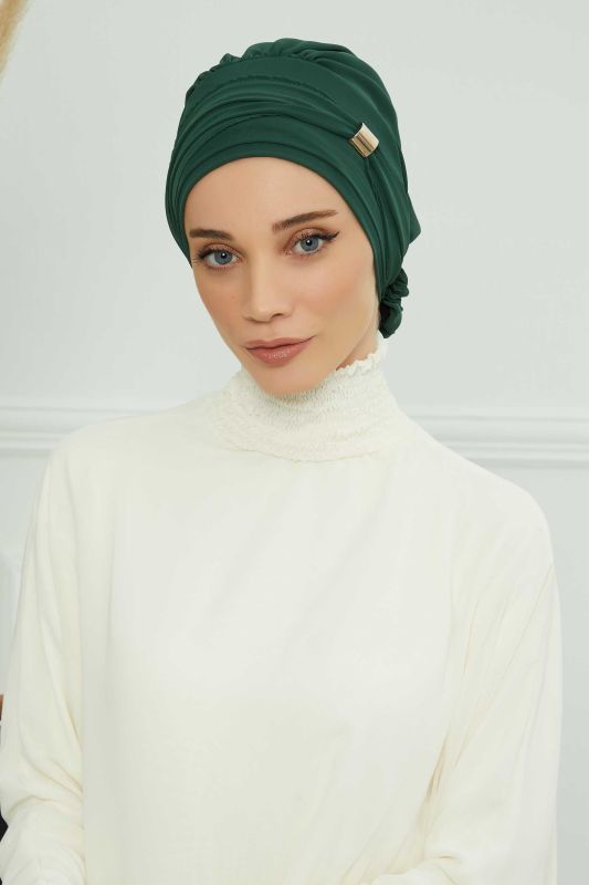 Aksesuarlı Şifon Hazır Türban,HT-95S,HT-95S Koyu Yeşil - 3